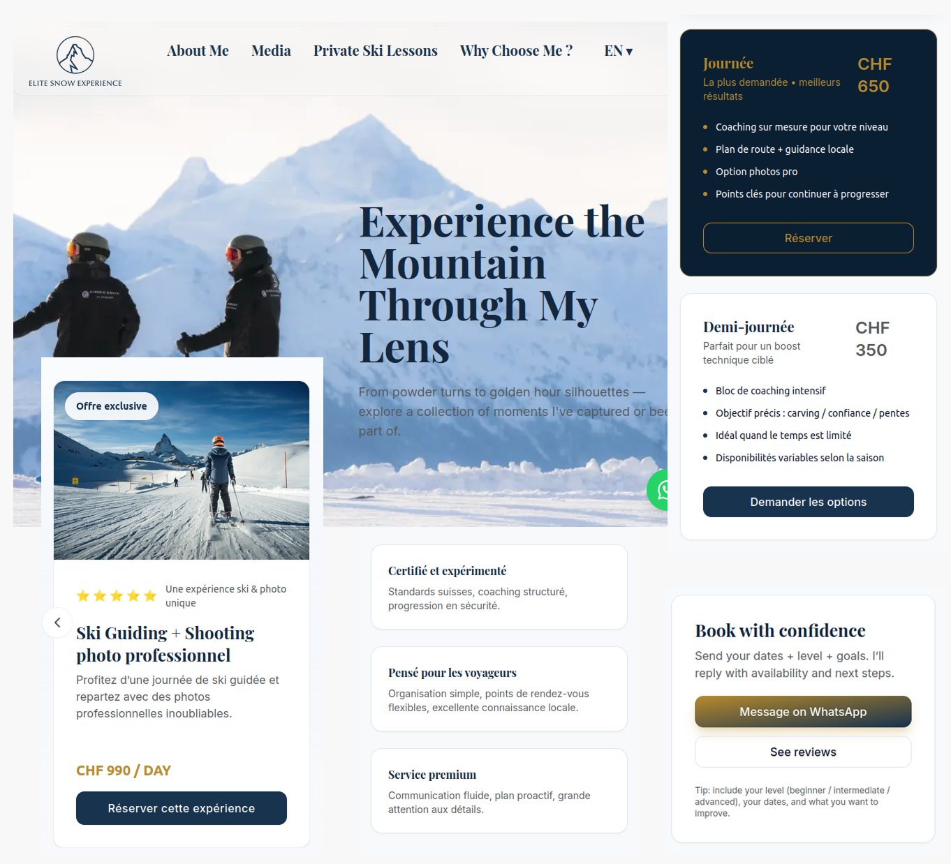 Elite Snow Experience hero and booking preview